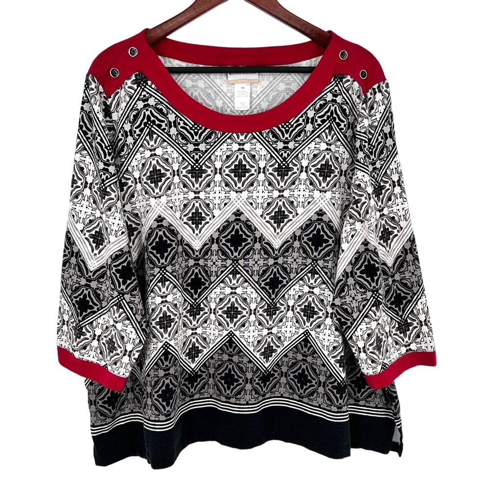 Alfred Dunner Plus Size 3X Red Black White Dinner Business Fall Blouse Shirt Top